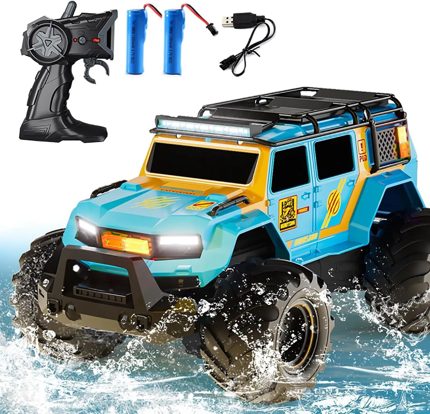 Amphibious Remote Control Car Waterproof Monster RC Cars 4WD All Terrain Off-Road Stunt Vehicle Toys with 2.4 GHz LED Lights for 6 7 8 9 10 11 12  Year Old Kids Boys Girls Gifts Presents (Blue)