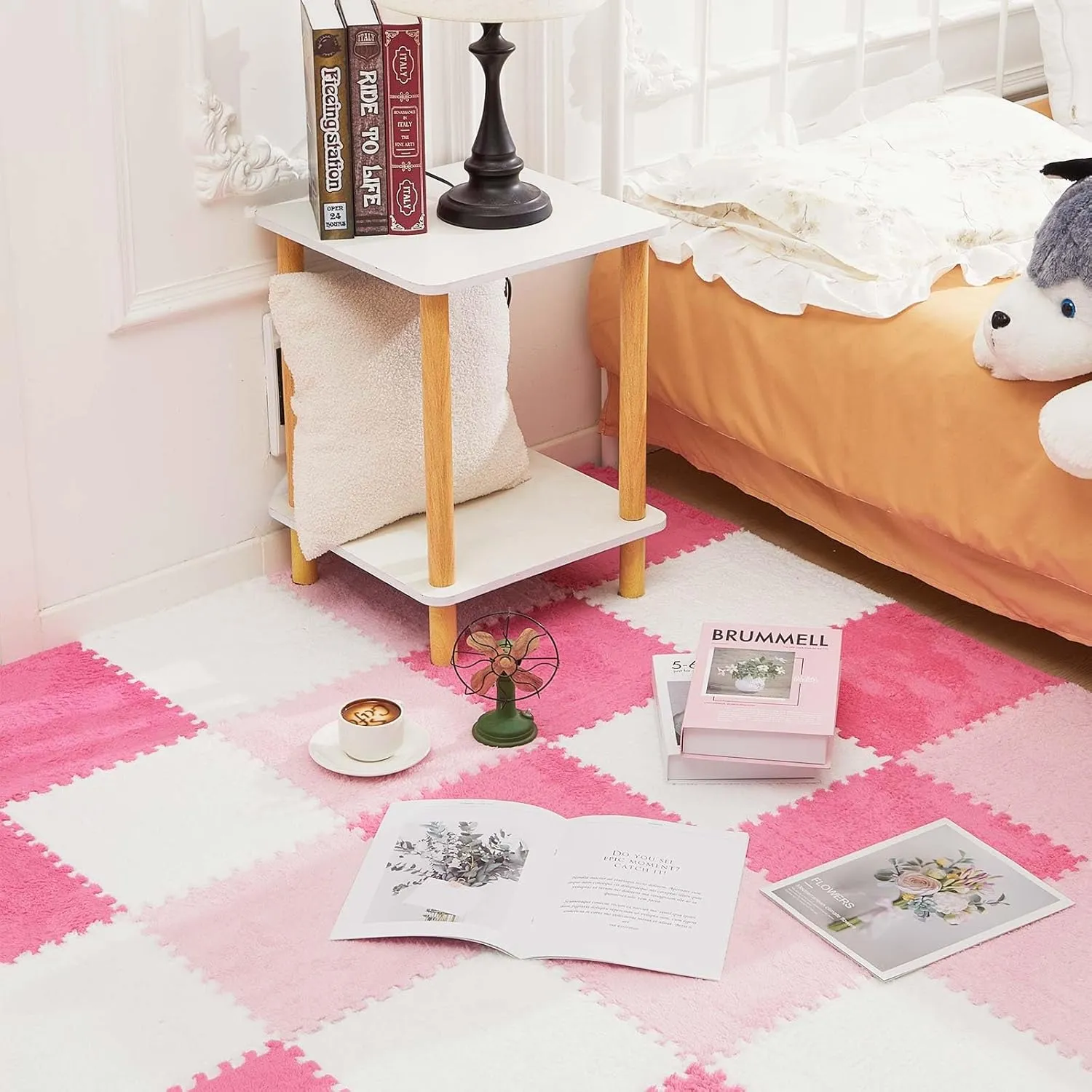 Amylove 36 Pcs Plush Foam Floor Mat Square Interlocking Carpet Tiles with Border Fluffy Play Mat Floor Tiles Soft Climbing Area Rugs for Home Playroom, 12 x 12 x 0.4 Inch (White, Pink, Rose Red)
