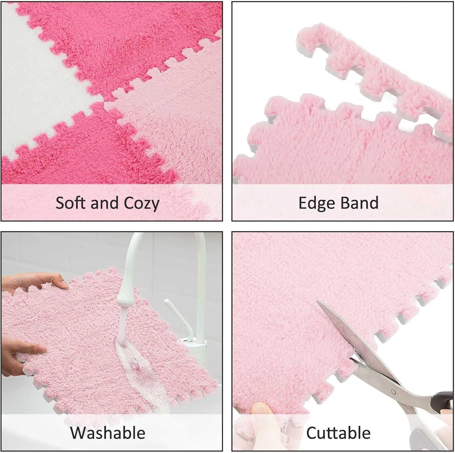 Amylove 36 Pcs Plush Foam Floor Mat Square Interlocking Carpet Tiles with Border Fluffy Play Mat Floor Tiles Soft Climbing Area Rugs for Home Playroom, 12 x 12 x 0.4 Inch (White, Pink, Rose Red)