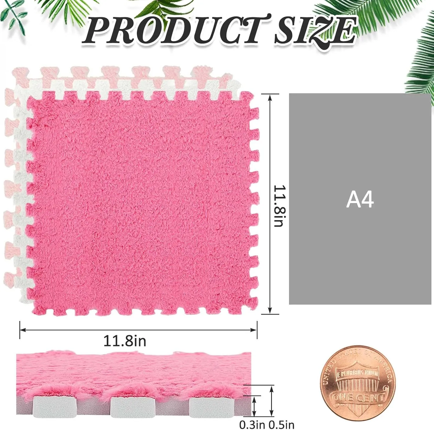Amylove 36 Pcs Plush Foam Floor Mat Square Interlocking Carpet Tiles with Border Fluffy Play Mat Floor Tiles Soft Climbing Area Rugs for Home Playroom, 12 x 12 x 0.4 Inch (White, Pink, Rose Red)