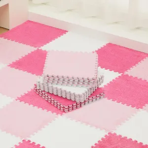 Amylove 36 Pcs Plush Foam Floor Mat Square Interlocking Carpet Tiles with Border Fluffy Play Mat Floor Tiles Soft Climbing Area Rugs for Home Playroom, 12 x 12 x 0.4 Inch (White, Pink, Rose Red)