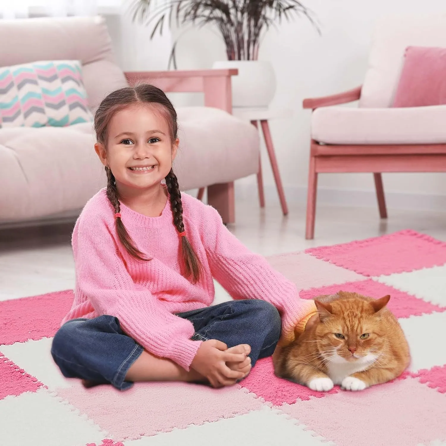 Amylove 36 Pcs Plush Foam Floor Mat Square Interlocking Carpet Tiles with Border Fluffy Play Mat Floor Tiles Soft Climbing Area Rugs for Home Playroom, 12 x 12 x 0.4 Inch (White, Pink, Rose Red)