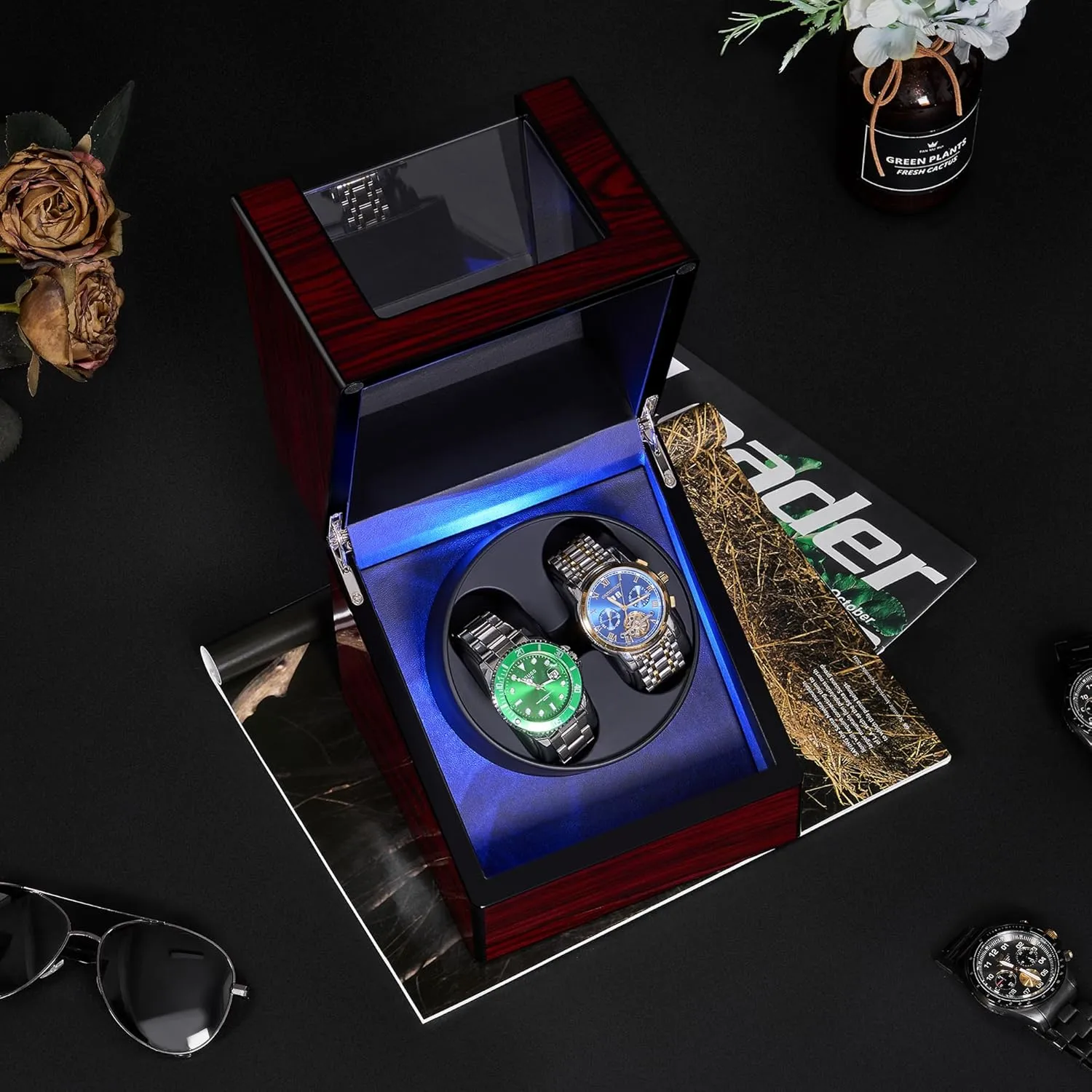 ANWBROAD Watch Winder for Automatic Watches Double Watch Rotator with Super Quiet Motor Flexible Watch Pillows LED Backlight Wooden Watch Turner Shaker 5 Modes Battery or USB UJWW001Y