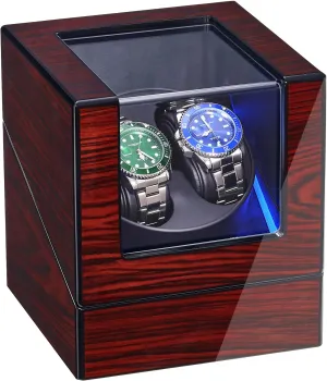 ANWBROAD Watch Winder for Automatic Watches Double Watch Rotator with Super Quiet Motor Flexible Watch Pillows LED Backlight Wooden Watch Turner Shaker 5 Modes Battery or USB UJWW001Y