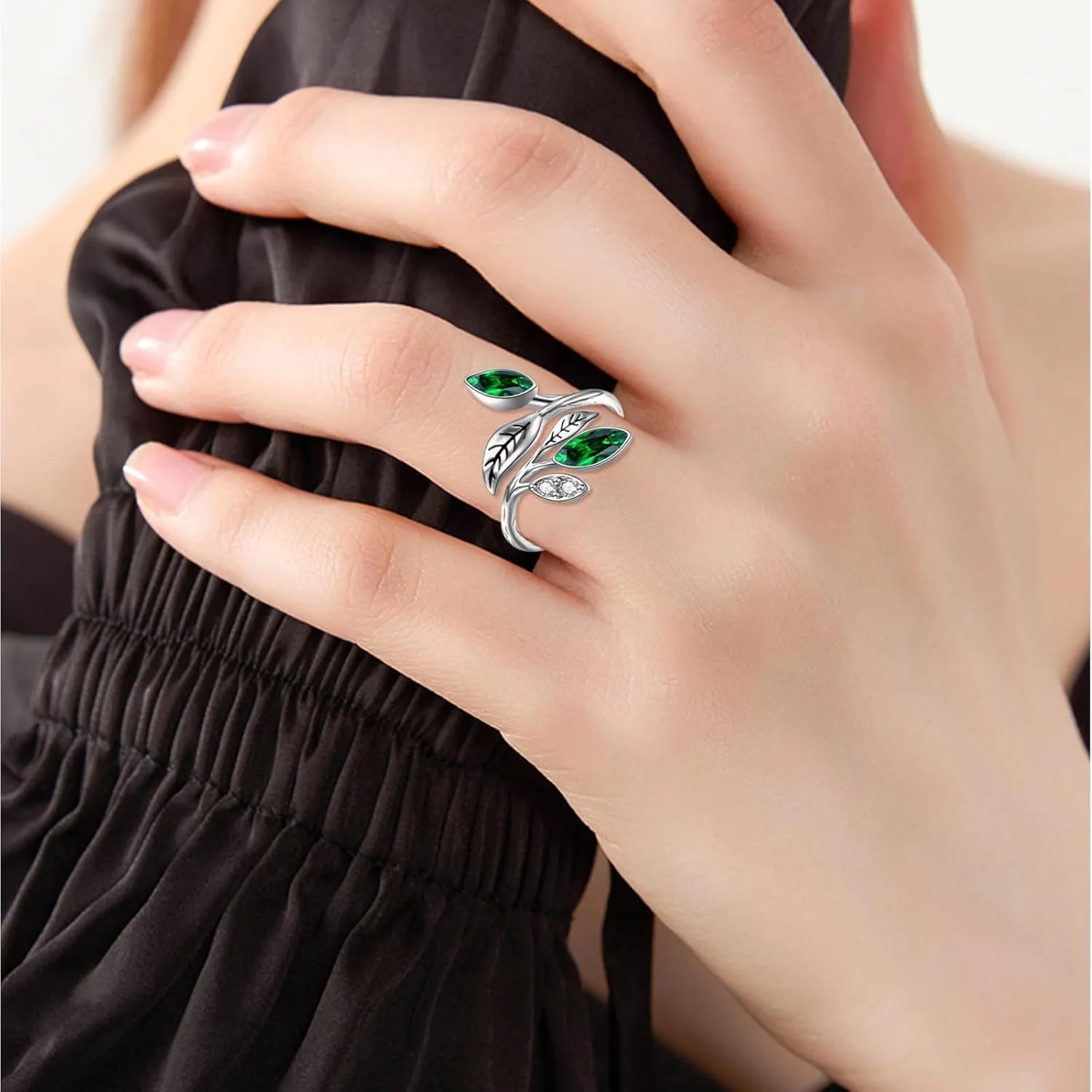 AOBOCO Leaf Ring Sterling Silver Adjustable Leaf Rings Jewelry CZ Chakra Tree Jewelry for Women Christmas Holiday Gifts Adjustable ring dimensions(6# to 9#)