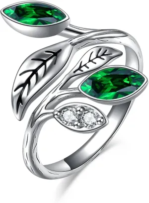AOBOCO Leaf Ring Sterling Silver Adjustable Leaf Rings Jewelry CZ Chakra Tree Jewelry for Women Christmas Holiday Gifts Adjustable ring dimensions(6# to 9#)