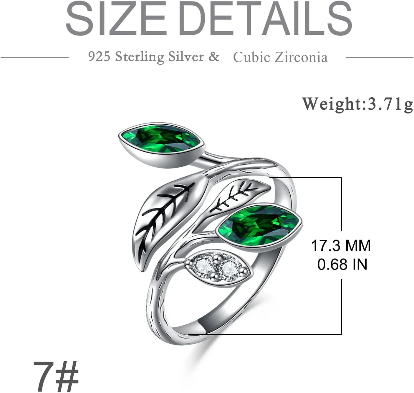 AOBOCO Leaf Ring Sterling Silver Adjustable Leaf Rings Jewelry CZ Chakra Tree Jewelry for Women Christmas Holiday Gifts Adjustable ring dimensions(6# to 9#)