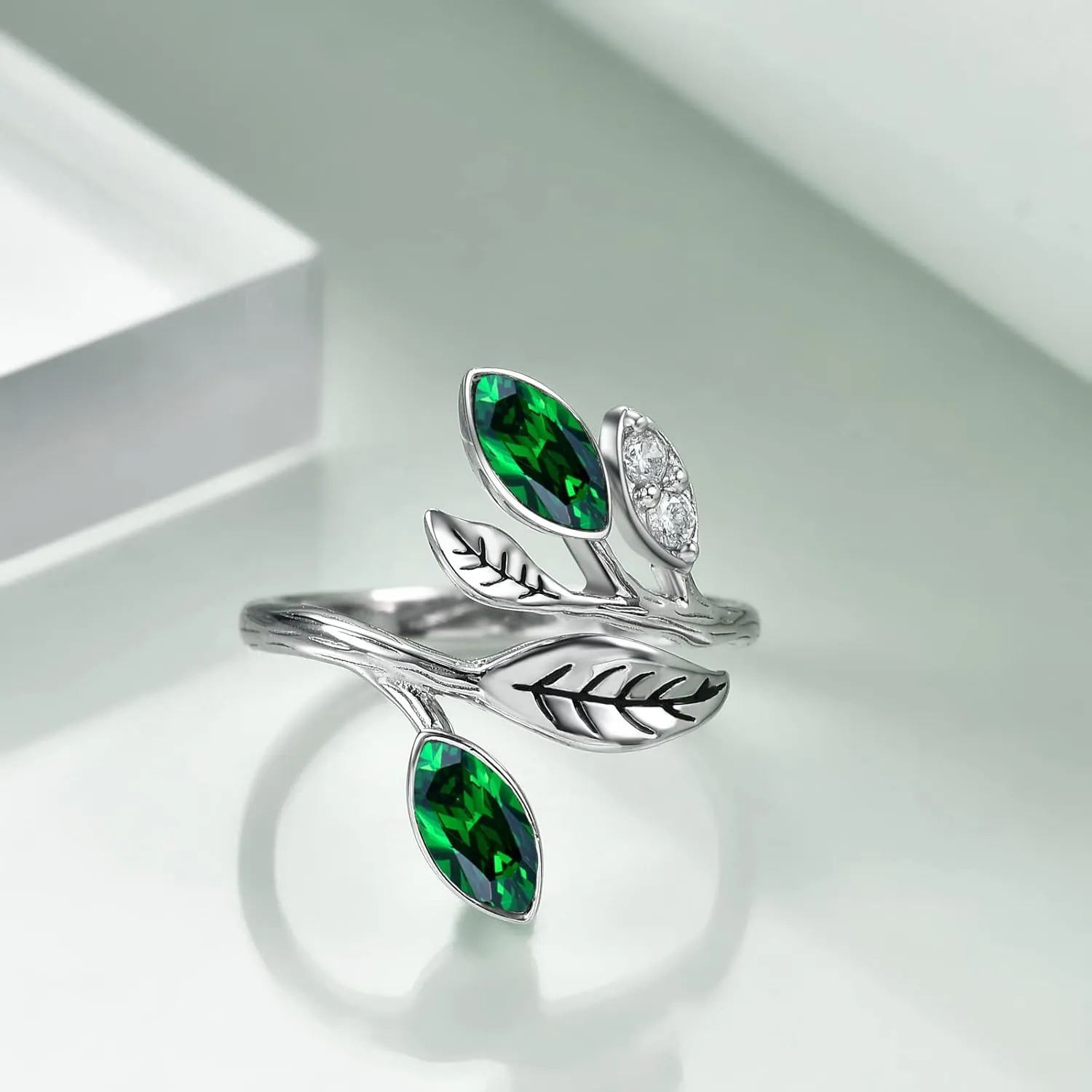 AOBOCO Leaf Ring Sterling Silver Adjustable Leaf Rings Jewelry CZ Chakra Tree Jewelry for Women Christmas Holiday Gifts Adjustable ring dimensions(6# to 9#)