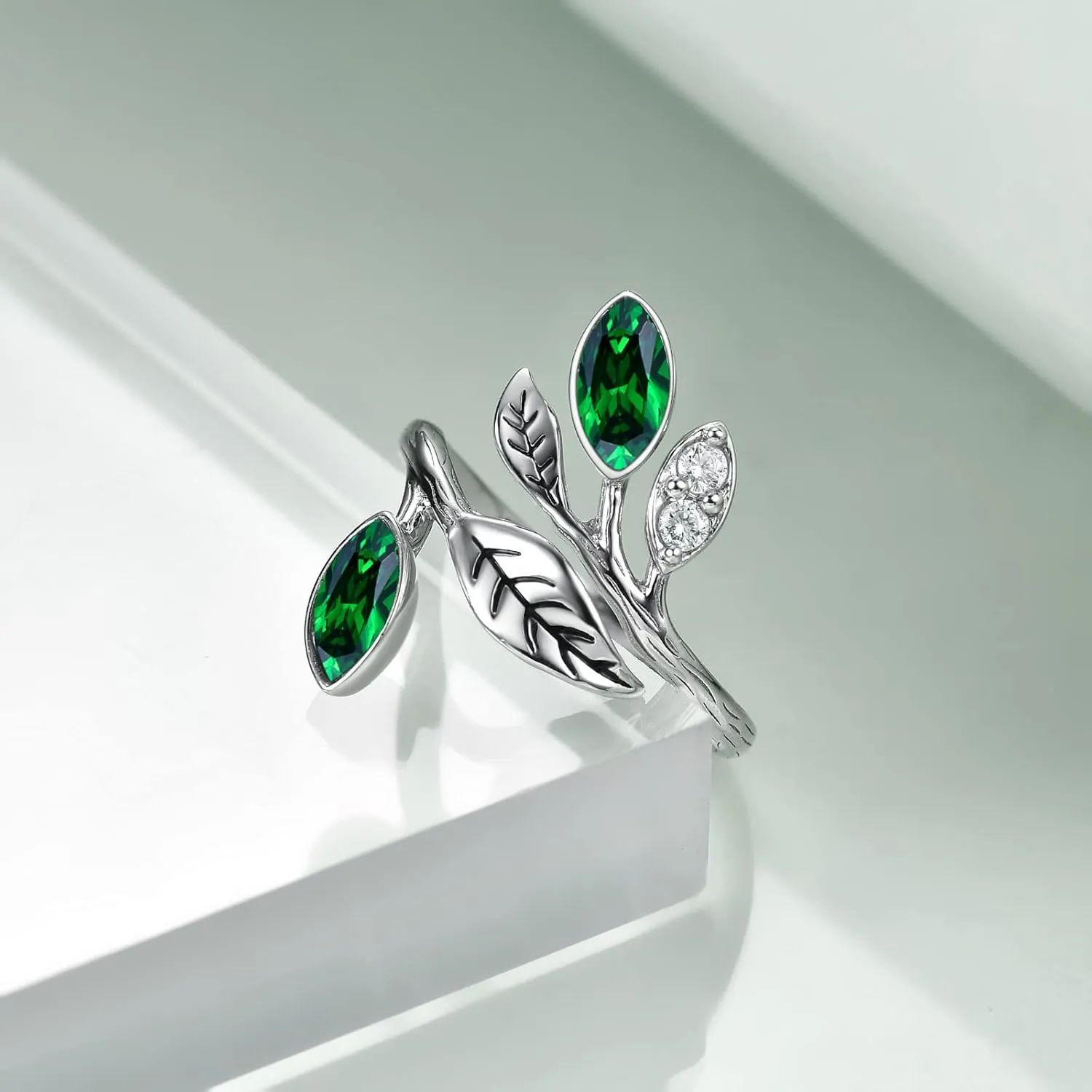 AOBOCO Leaf Ring Sterling Silver Adjustable Leaf Rings Jewelry CZ Chakra Tree Jewelry for Women Christmas Holiday Gifts Adjustable ring dimensions(6# to 9#)