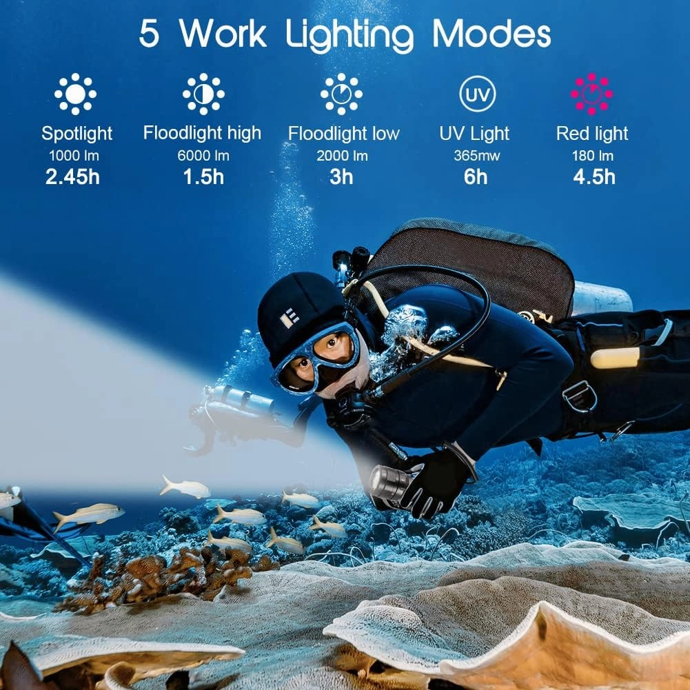 APLOS AP70 Scuba Diving Flashlight, 6000 Lumen Dive Light, Waterproof Underwater Dive Torch with Rechargeable 5000mAh Battery & Charger