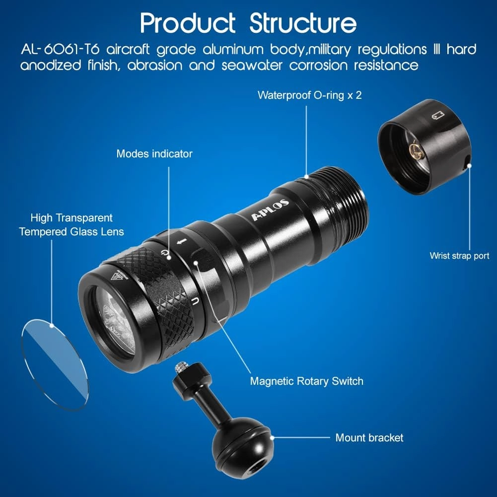APLOS AP70 Scuba Diving Flashlight, 6000 Lumen Dive Light, Waterproof Underwater Dive Torch with Rechargeable 5000mAh Battery & Charger