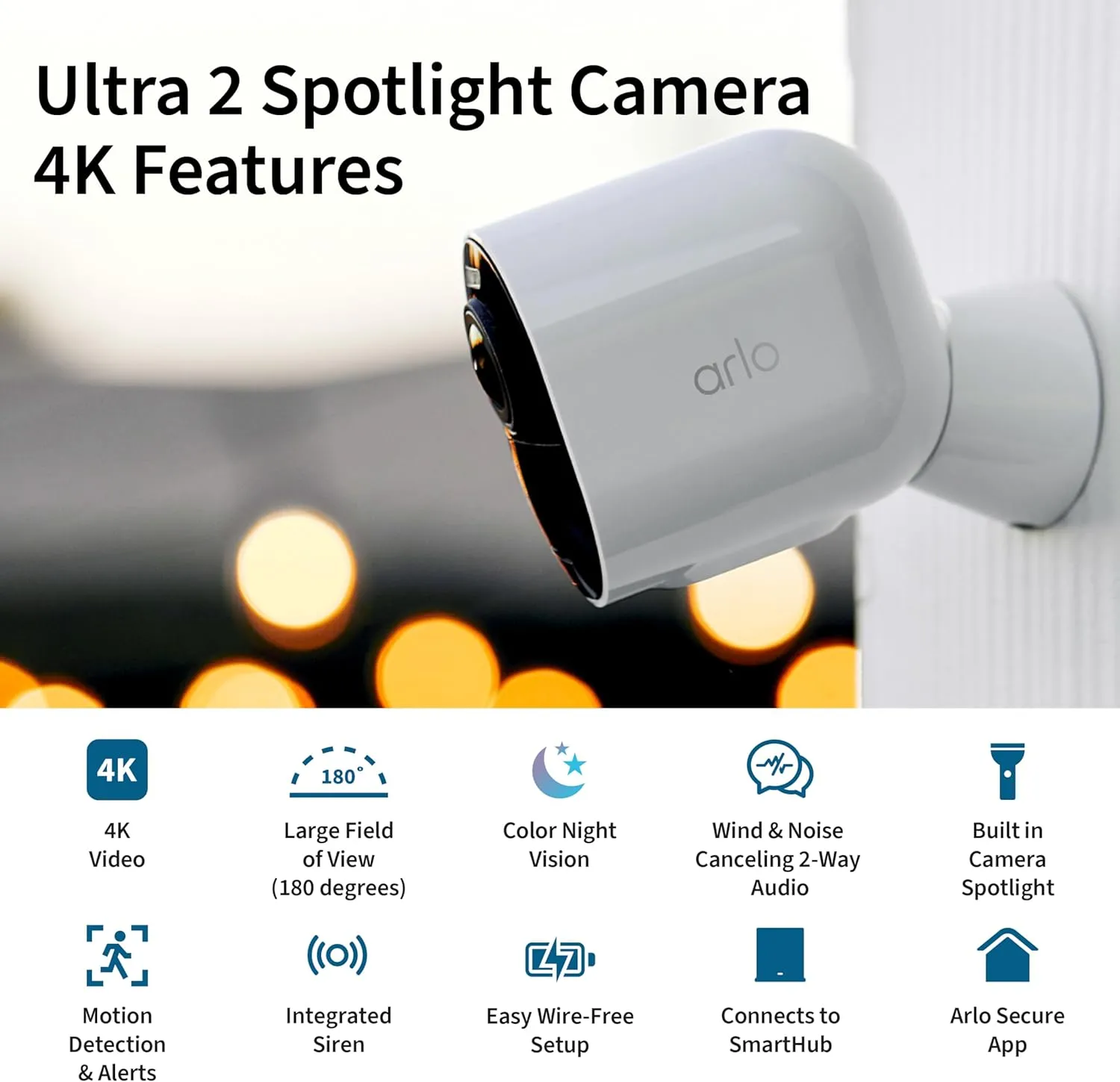 Arlo Ultra 2 Spotlight Camera 4K HDR (Camera only, SmartHub Sold Separately & is Required to Operate | Wireless Home Security Camera | Color Night Vision, Motion Sensor, 180º View, 2-Way Audio, Black