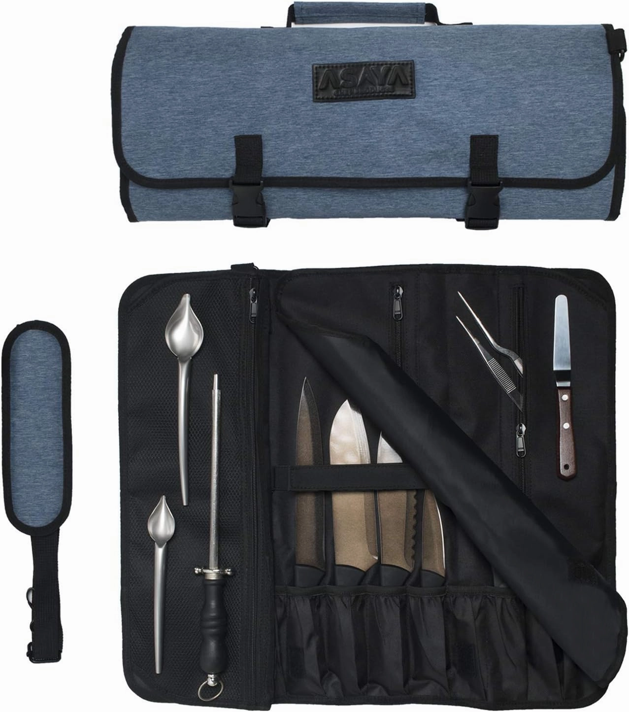 Asaya Chef Knife Roll Bag - 20 Total Pockets for Knives and Kitchen Utensils - Made with Stain Resistant Waxed Nylon - For Chefs and Culinary Students - Knives Not Included(Blue)