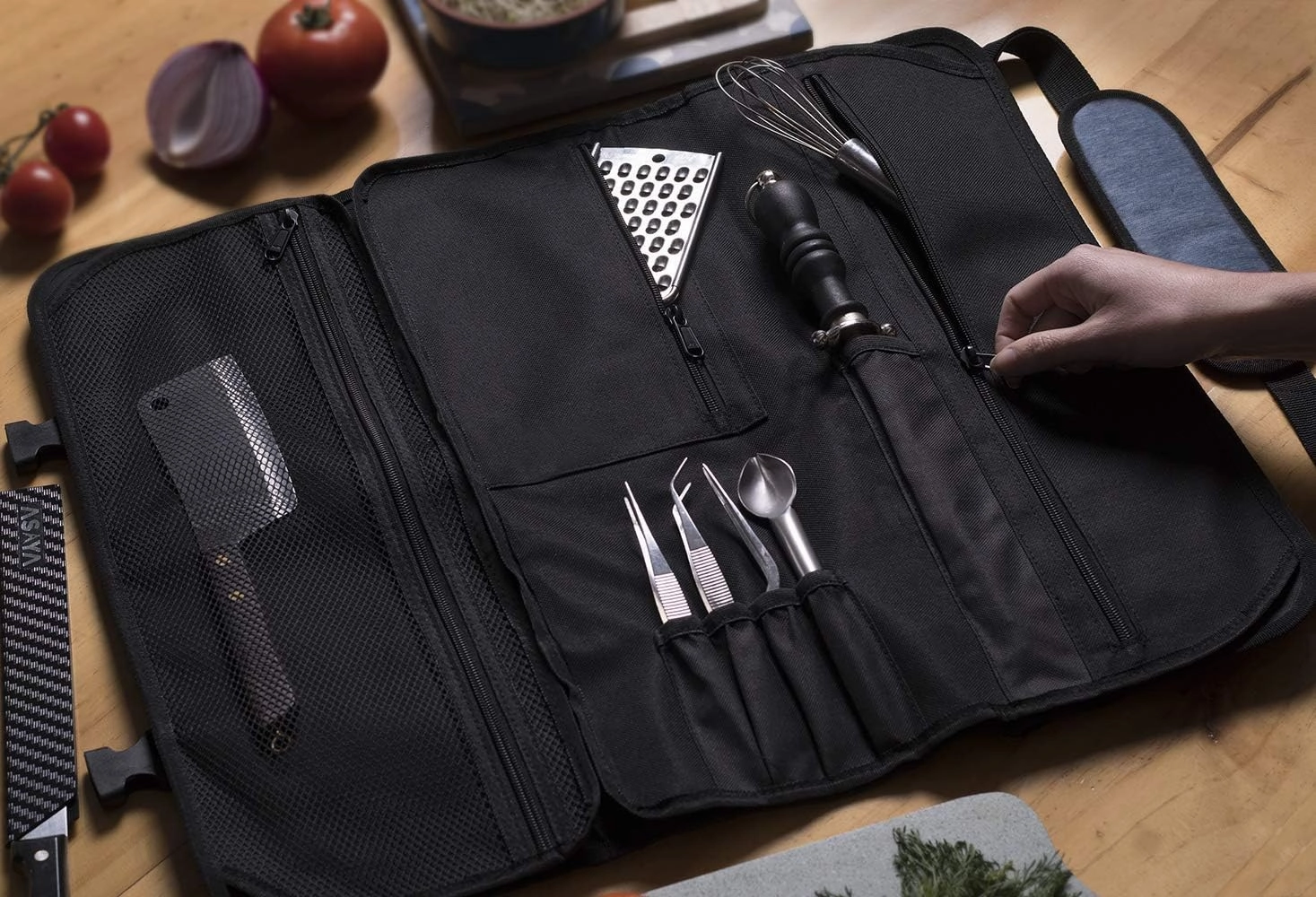 Asaya Chef Knife Roll Bag - 20 Total Pockets for Knives and Kitchen Utensils - Made with Stain Resistant Waxed Nylon - For Chefs and Culinary Students - Knives Not Included(Blue)