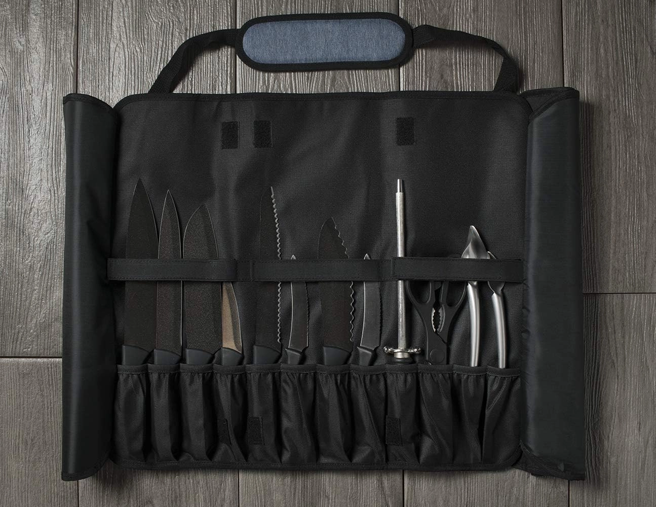 Asaya Chef Knife Roll Bag - 20 Total Pockets for Knives and Kitchen Utensils - Made with Stain Resistant Waxed Nylon - For Chefs and Culinary Students - Knives Not Included(Blue)