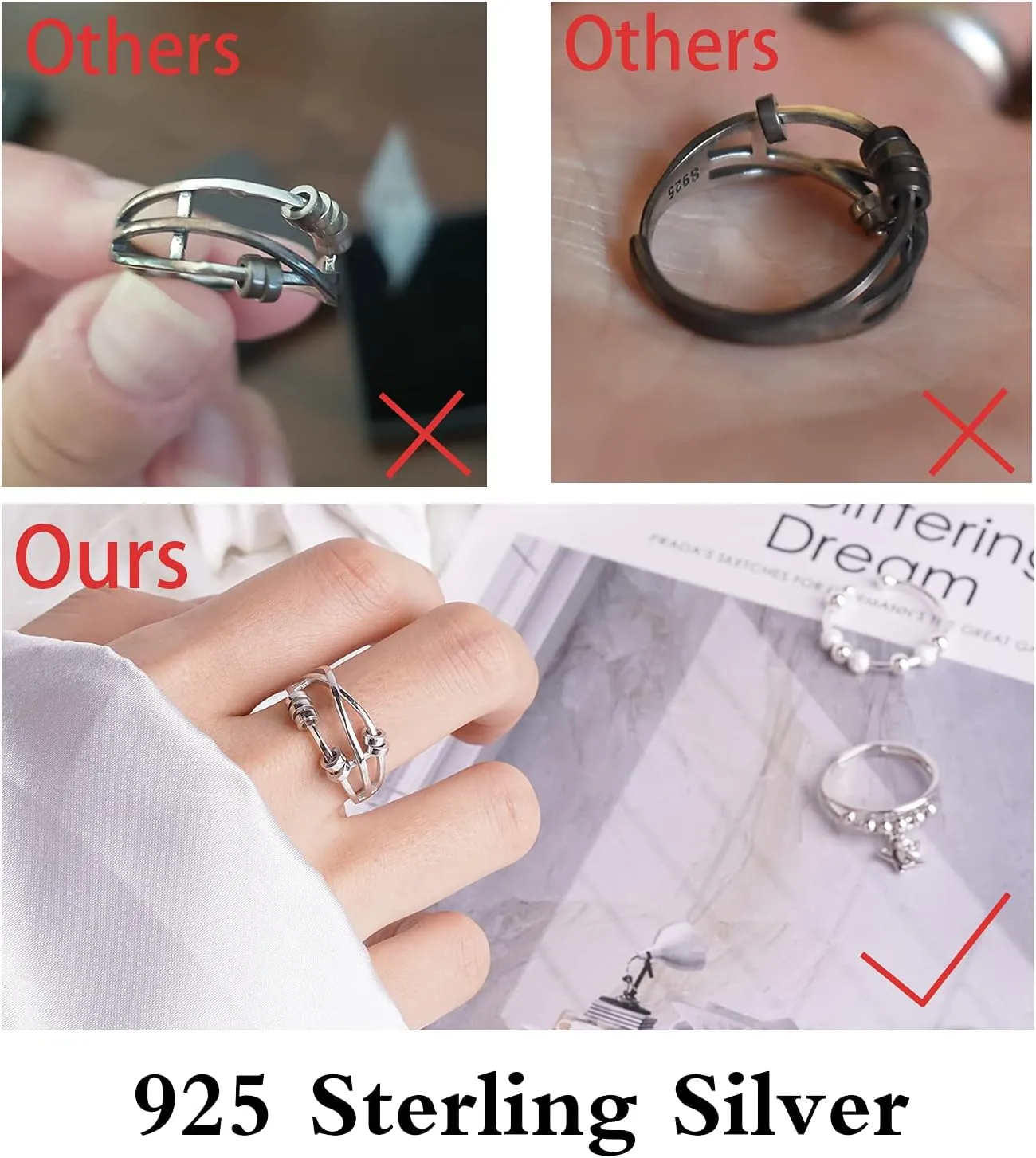 ASGIFT 925 Sterling Silver Anti Anxiety Ring for Women Adjustable Fidget Rings with Spinner Beads Dainty Stress Relieving Ring Jewelry for Daughter