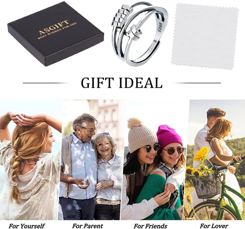 ASGIFT 925 Sterling Silver Anti Anxiety Ring for Women Adjustable Fidget Rings with Spinner Beads Dainty Stress Relieving Ring Jewelry for Daughter