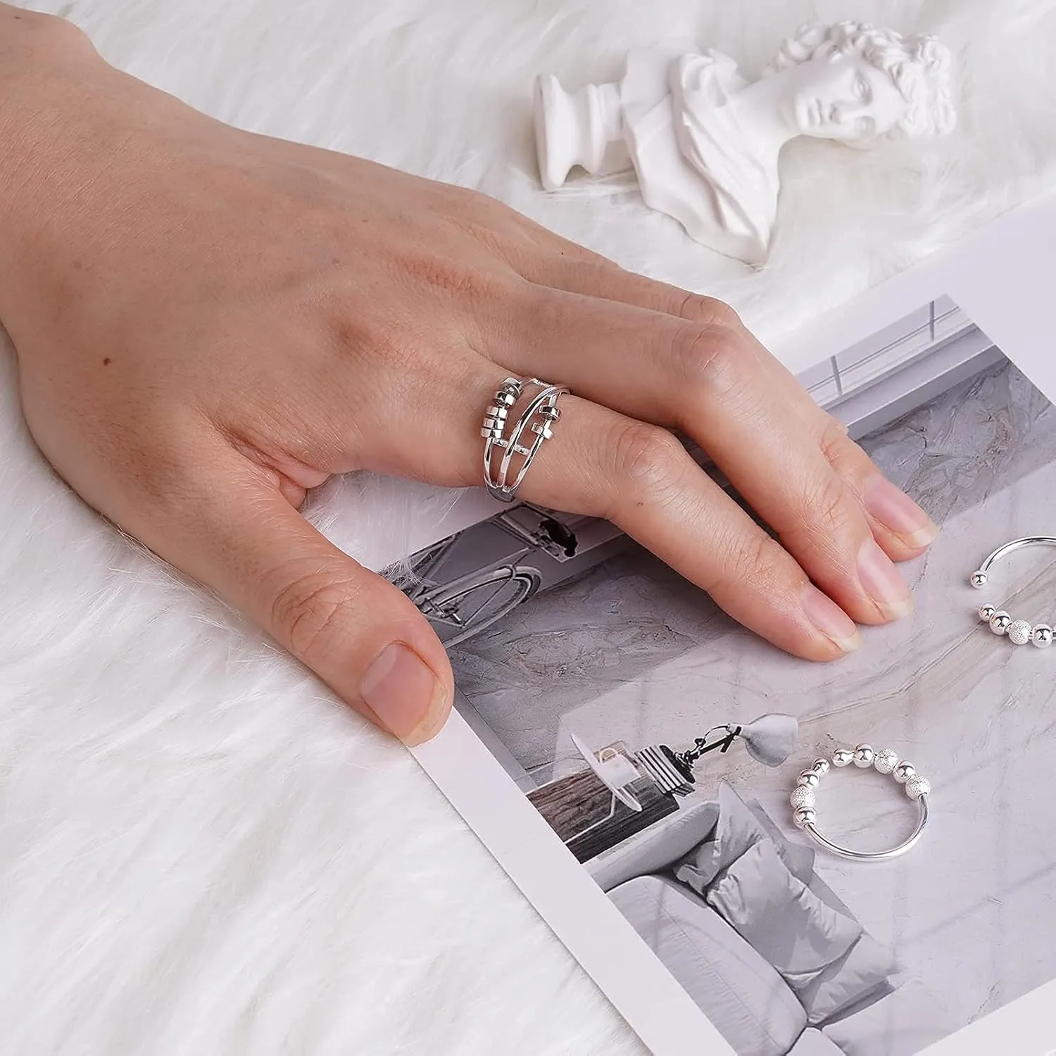 ASGIFT 925 Sterling Silver Anti Anxiety Ring for Women Adjustable Fidget Rings with Spinner Beads Dainty Stress Relieving Ring Jewelry for Daughter