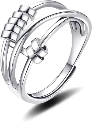 ASGIFT 925 Sterling Silver Anti Anxiety Ring for Women Adjustable Fidget Rings with Spinner Beads Dainty Stress Relieving Ring Jewelry for Daughter