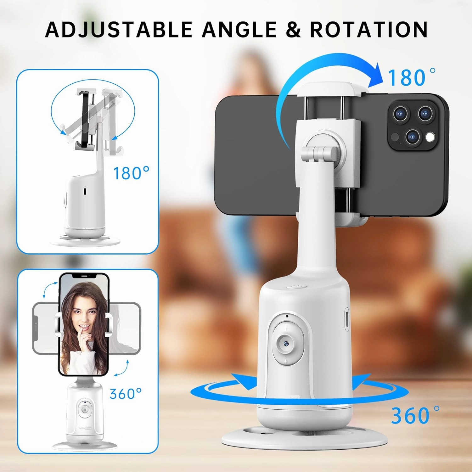 Auto Tracking Phone Holder, Auto Face Tracking Tripod, Portable All-in-one Smart Selfie Stick 360 Rotation Fast Face & Object Tracking Cameraman Robot Mount for Phone Video Vlog Live Streaming(White)