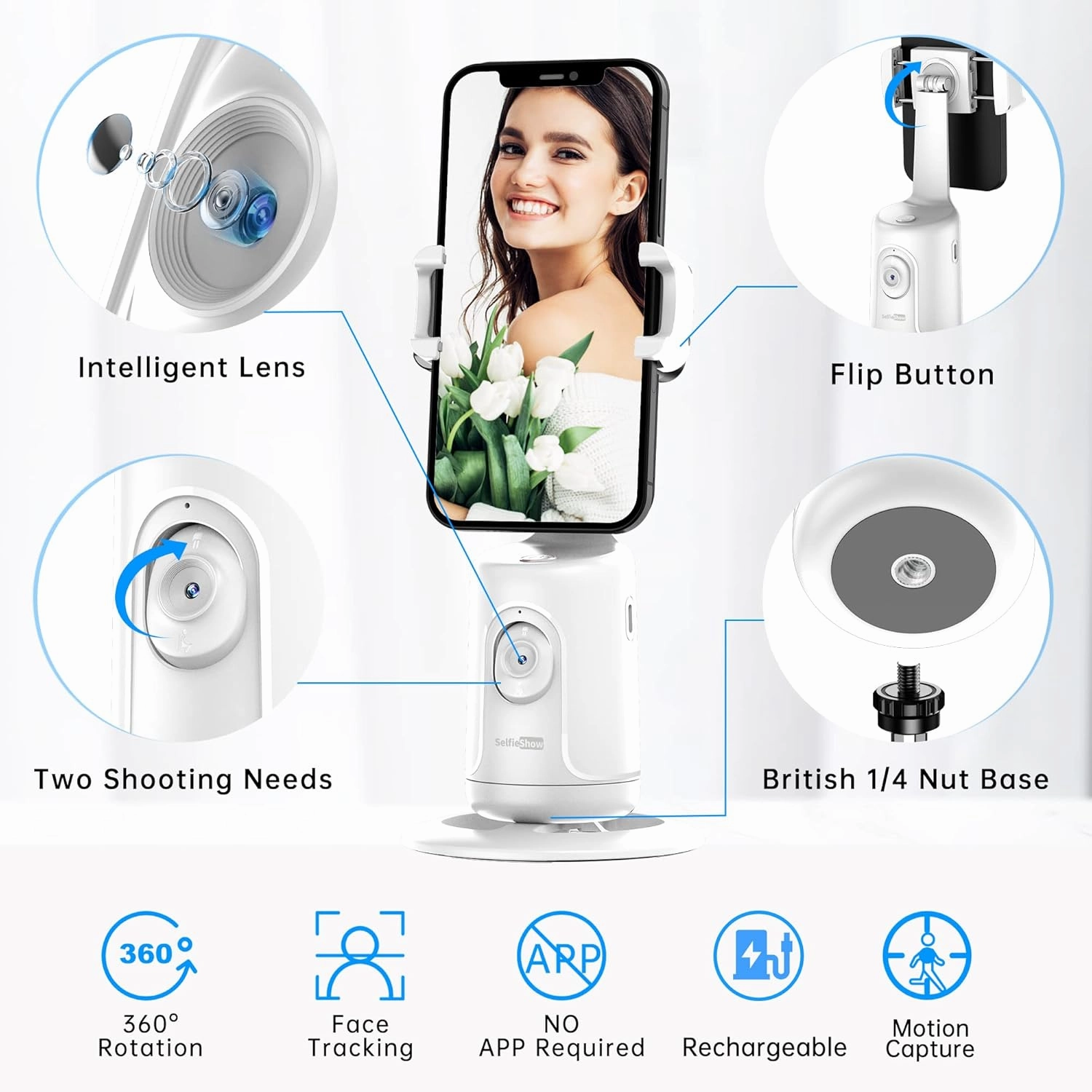 Auto Tracking Phone Holder, Auto Face Tracking Tripod, Portable All-in-one Smart Selfie Stick 360 Rotation Fast Face & Object Tracking Cameraman Robot Mount for Phone Video Vlog Live Streaming(White)