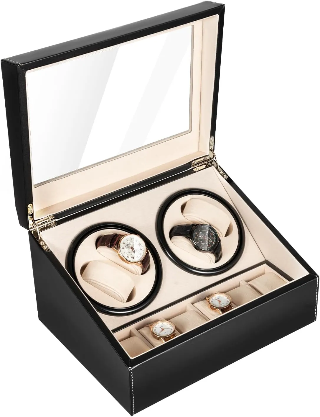 ​​Automatic Watch Winder With Storage, 4 6 Compartment Bidirectional Silent Motor Watch Winder Box For Men & Women, Glass Top Display Case For Luxury Watches​​ (Black)