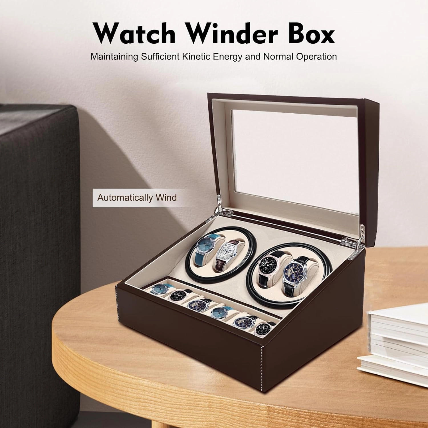 Automatic Watch Winder, 4 6 Watches Winders Storage Display Box Watch Winders Case for Store Display, and Home Decoration, Browm