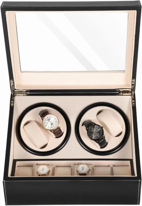 Automatic Watch Winder Box, Auto-Rotating Storage Wooden Box, With Silent Running Motor, 4 Rotating Display Compartments And 6 Storage Compartments Case for 10 Watches
