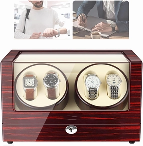 Automatic Watch Winder, Watch Winder, Holds 4 Watches, 5-Speed Rotation Mode, Open Cover and Stop, LED Ambient Light, Silent Motor, Automatic Rotation, for Watch Storage, Display