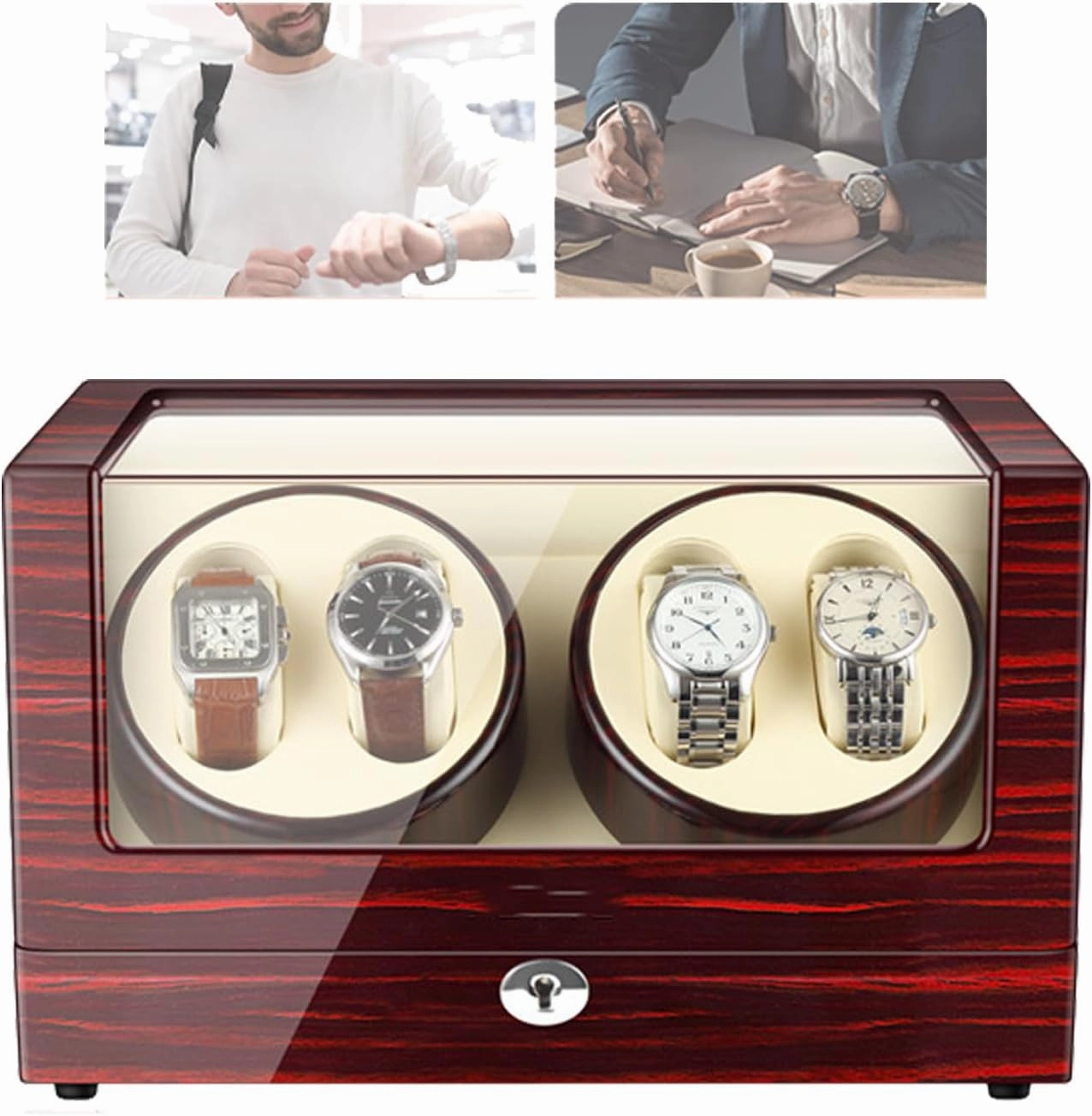 Automatic Watch Winder, Watch Winder, Holds 4 Watches, 5-Speed Rotation Mode, Open Cover and Stop, LED Ambient Light, Silent Motor, Automatic Rotation, for Watch Storage, Display
