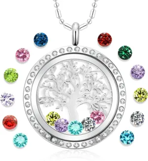 AZNECK Family Tree of Life Floating Charm Locket Necklace for Women with Birthstones Living Memory Pendant DIY Stainless Steel Jewelry Mothers Gifts