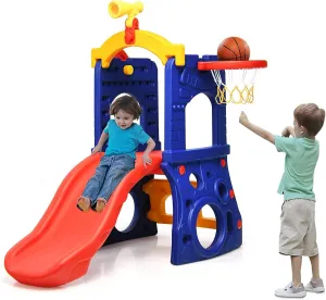 BABY JOY 6 in 1 Slide for Kids, Toddler Climber Slide Set with Basketball Hoop, Ring Toss, Telescope, Loop and Steering Wheel, Freestanding Kids Slide for Both Indoors Outdoor Use Gift Present