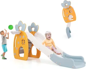 BABY JOY Toddler Slide, 3 in 1 Freestanding Foldable Kids Slide with Climber, Basketball Hoop & Ball, Buffer Zone & Safety Handrails, Indoor Pineapple Theme Play Slide for Kids, Boys & Girls