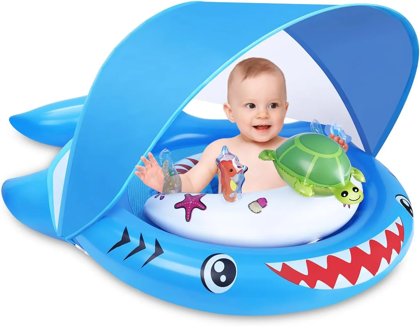 Baby Pool Float with UPF50  Sun Protection Canopy, Inflatable Toddler Swimming Float with Ocean Animal Toys, Infant Pool Floaties with Adjustable Safety Seat for Kids 6-36 Months