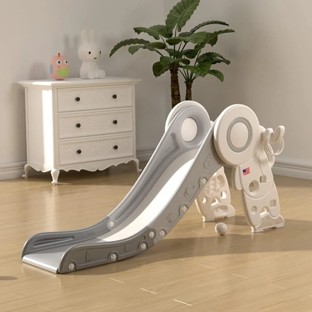 Baby Slide for Toddlers Age 1-3 Indoor Kids Slide Outdoor Climber Freestanding Toddler Slide with Basketball Hoop & Toss Ring Game