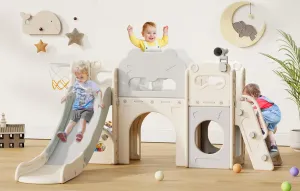Babytronic Toddler Slide, 8 in 1 Kids Indoor Slide for Toddler 1-3, Indoor Outdoor Toddler Playground with Basketball Hoop and Telescope, Baby Slide Toddler Indoor Slide Playset(White&Gray)