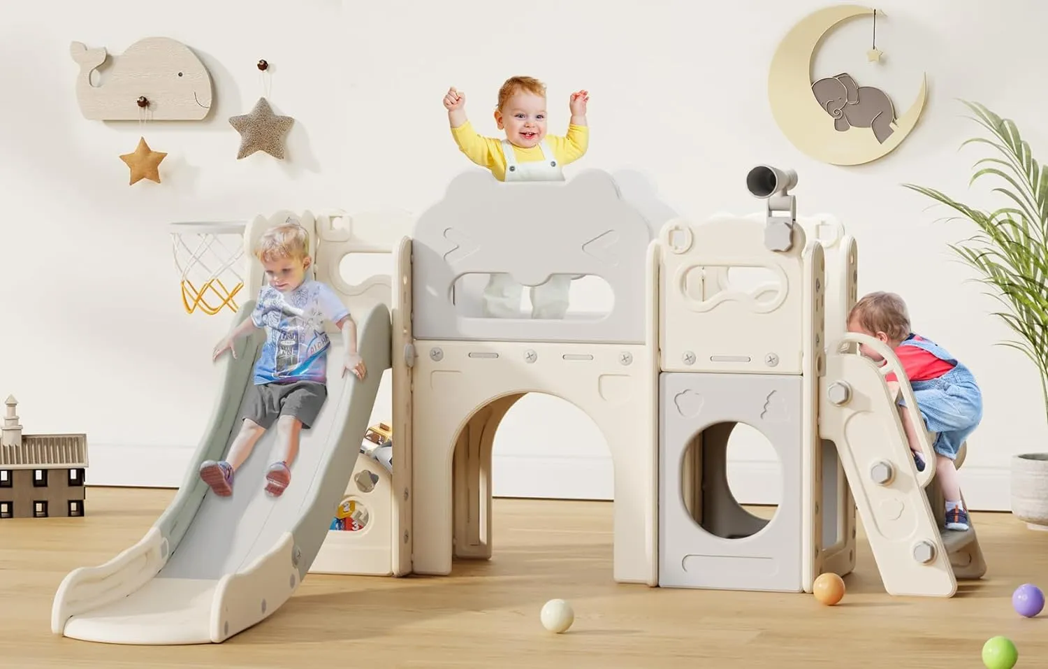 Babytronic Toddler Slide, 8 in 1 Kids Indoor Slide for Toddler 1-3, Indoor Outdoor Toddler Playground with Basketball Hoop and Telescope, Baby Slide Toddler Indoor Slide Playset(White&Gray)