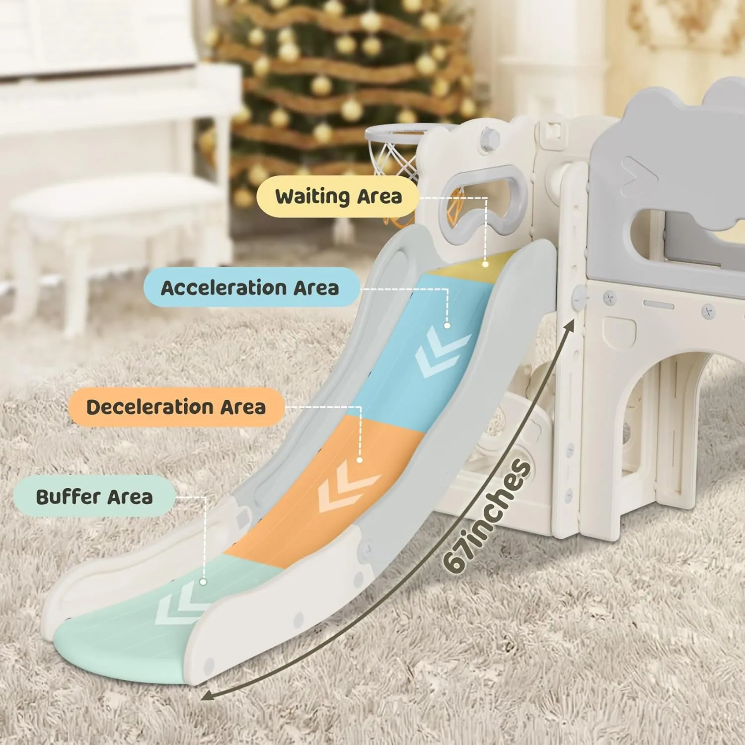 Babytronic Toddler Slide, 8 in 1 Kids Indoor Slide for Toddler 1-3, Indoor Outdoor Toddler Playground with Basketball Hoop and Telescope, Baby Slide Toddler Indoor Slide Playset(White&Gray)