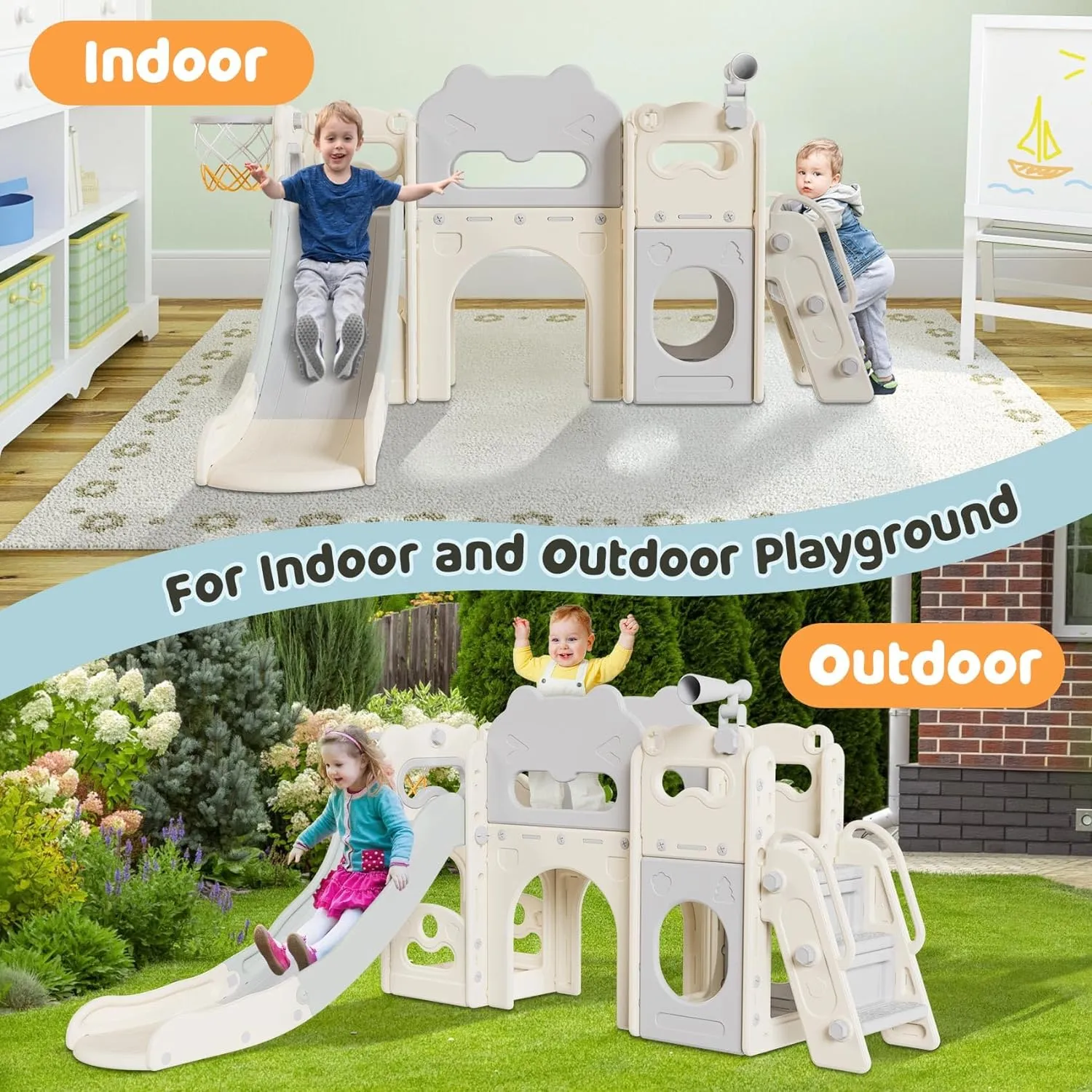 Babytronic Toddler Slide, 8 in 1 Kids Indoor Slide for Toddler 1-3, Indoor Outdoor Toddler Playground with Basketball Hoop and Telescope, Baby Slide Toddler Indoor Slide Playset(White&Gray)