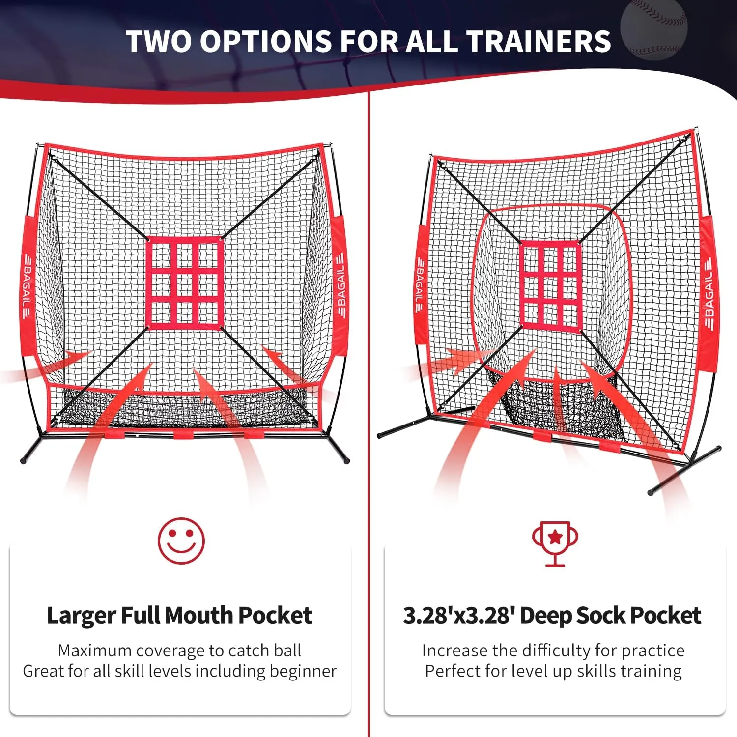 BAGAIL 7x7 ft Baseball & Softball Practice Net with Bow Frame for Batting, Hitting, Pitching, Portable Baseball Throwing Net with 2 Strike Zone Batting Tee, Carry Bag, Great for All Levels
