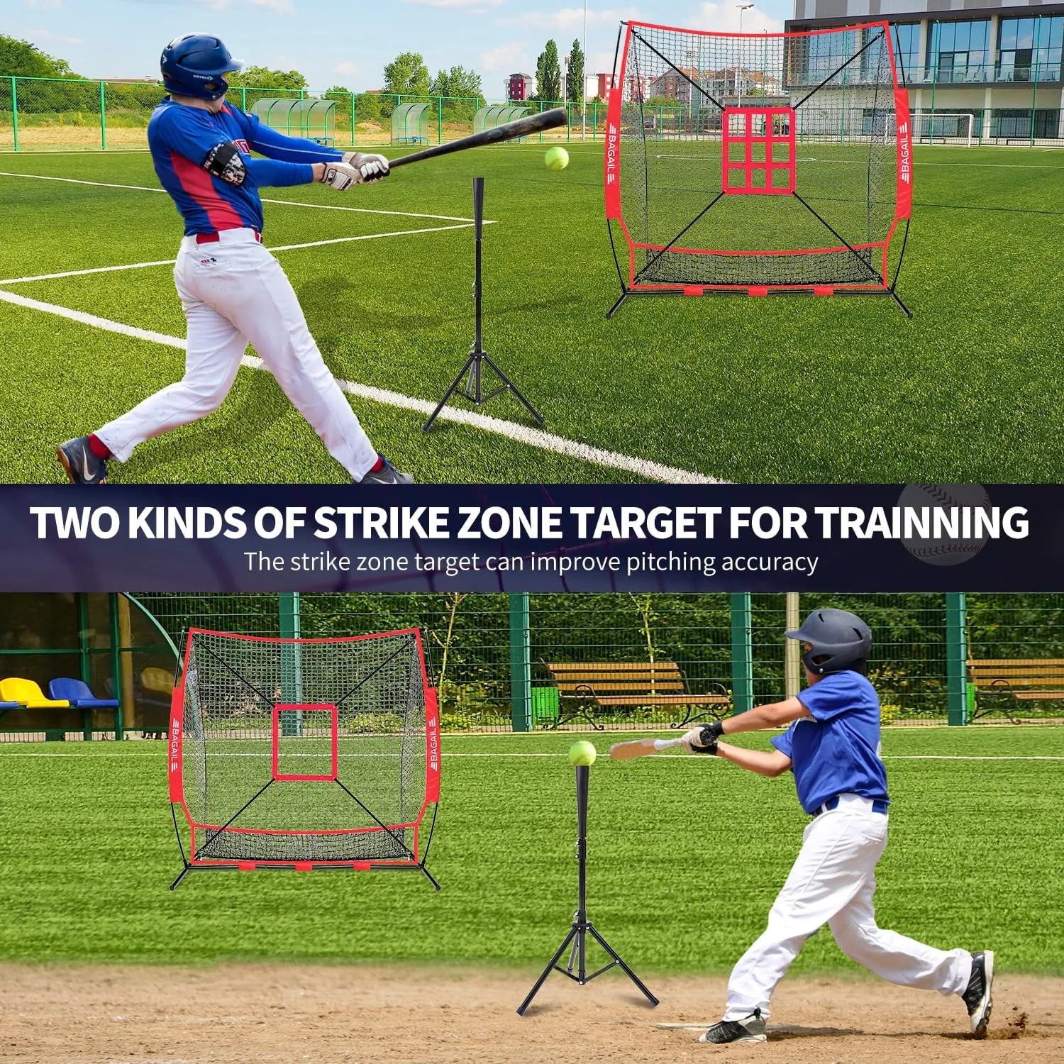 BAGAIL 7x7 ft Baseball & Softball Practice Net with Bow Frame for Batting, Hitting, Pitching, Portable Baseball Throwing Net with 2 Strike Zone Batting Tee, Carry Bag, Great for All Levels