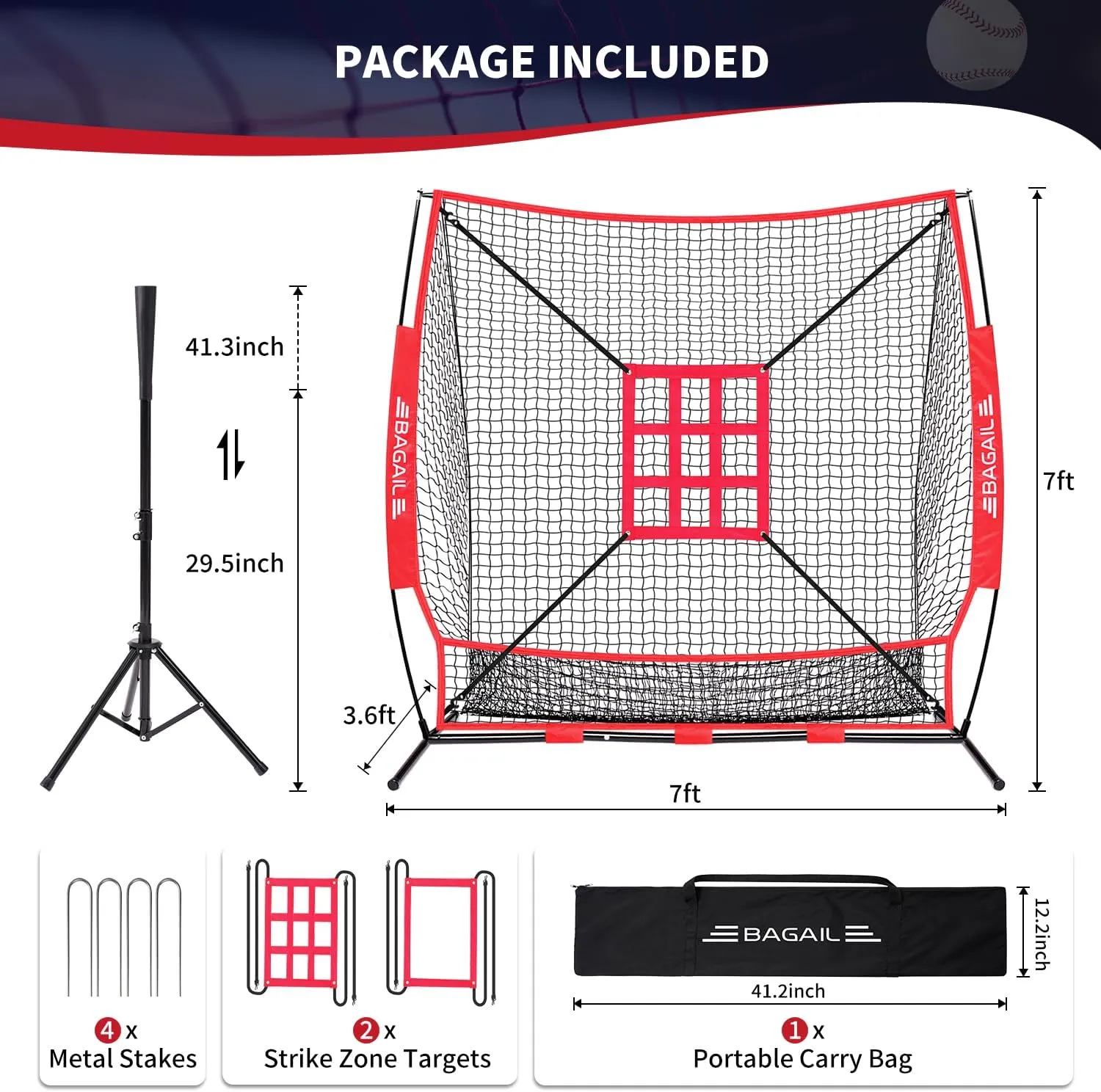 BAGAIL 7x7 ft Baseball & Softball Practice Net with Bow Frame for Batting, Hitting, Pitching, Portable Baseball Throwing Net with 2 Strike Zone Batting Tee, Carry Bag, Great for All Levels