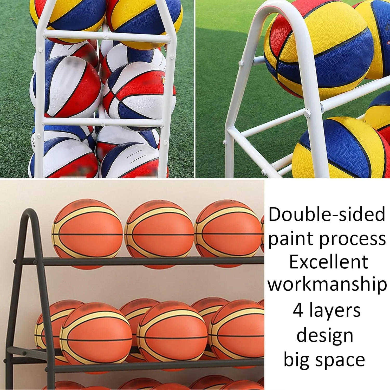 Ball Storage Organizer, Basketball Rack Freestanding Outdoor Sports Basketball Hoop for Garage Indoor, Space Saving with Lockable Wheels Ball Organizer (White-82CM(32IN))