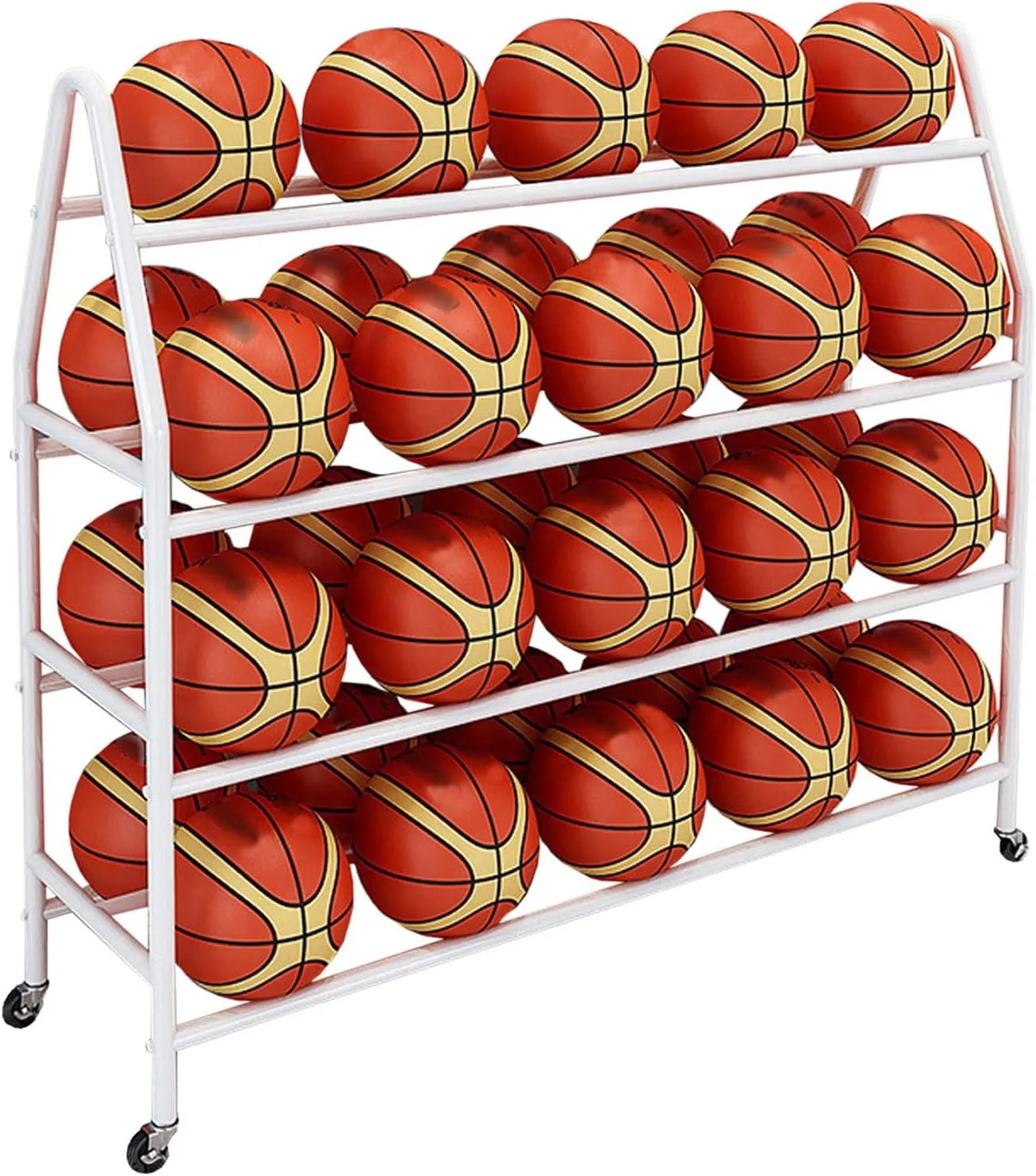 Ball Storage Organizer, Basketball Rack Freestanding Outdoor Sports Basketball Hoop for Garage Indoor, Space Saving with Lockable Wheels Ball Organizer (White-82CM(32IN))