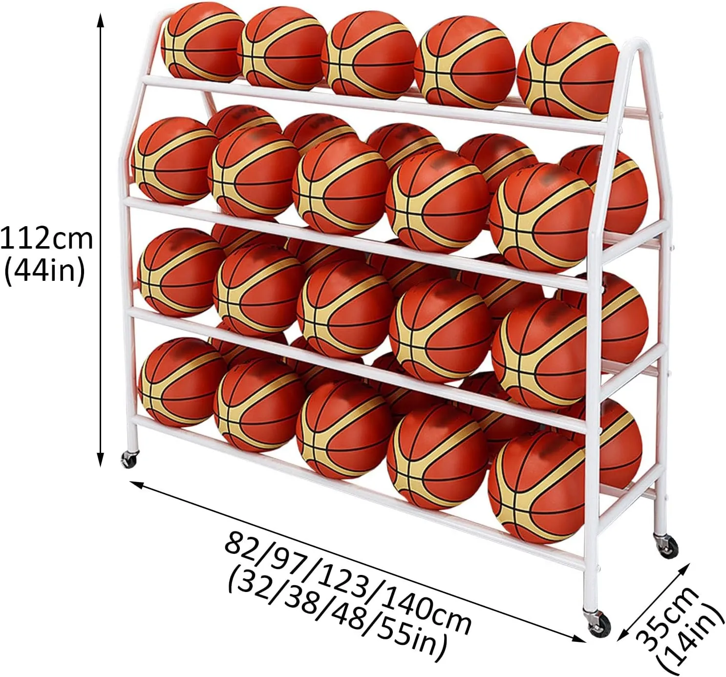 Ball Storage Organizer, Basketball Rack Freestanding Outdoor Sports Basketball Hoop for Garage Indoor, Space Saving with Lockable Wheels Ball Organizer (White-82CM(32IN))