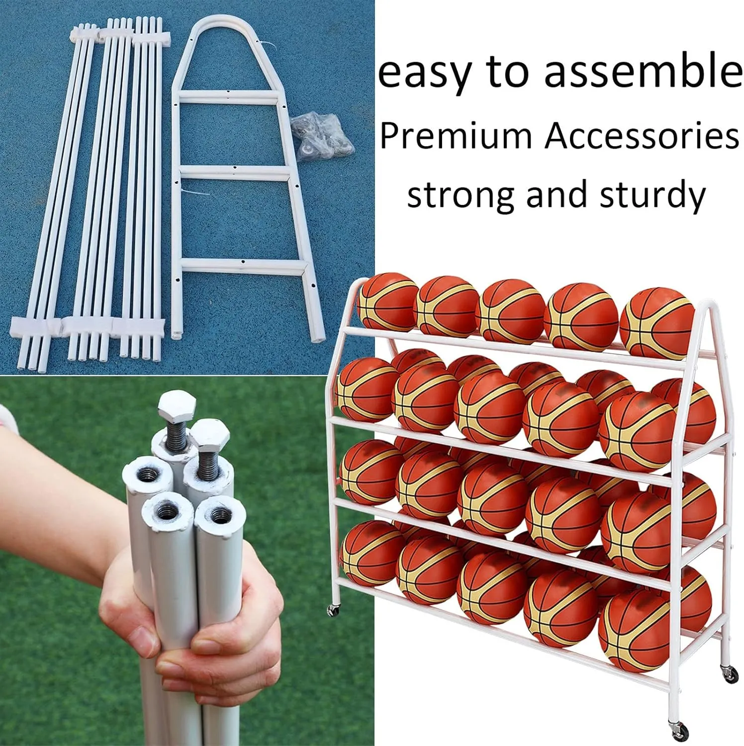 Ball Storage Organizer, Basketball Rack Freestanding Outdoor Sports Basketball Hoop for Garage Indoor, Space Saving with Lockable Wheels Ball Organizer (White-82CM(32IN))