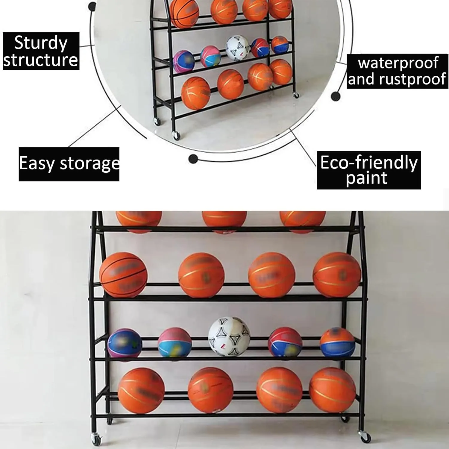 Ball Storage Organizer, Basketball Rack Freestanding Outdoor Sports Basketball Hoop for Garage Indoor, Space Saving with Lockable Wheels Ball Organizer (White-82CM(32IN))
