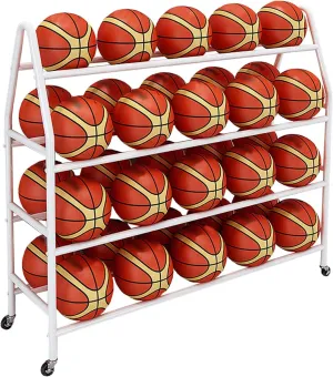 Ball Storage Organizer, Basketball Rack Freestanding Outdoor Sports Basketball Hoop for Garage Indoor, Space Saving with Lockable Wheels Ball Organizer (White-82CM(32IN))