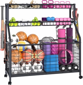 Ball Storage Rack Large Sports Equipment Garage Organizer Cart, Ball Rack for Basketball,Baseball, Football, Toys,Home Gym Multifunctional Sports Gear Storage for Indoor Or Outdoor