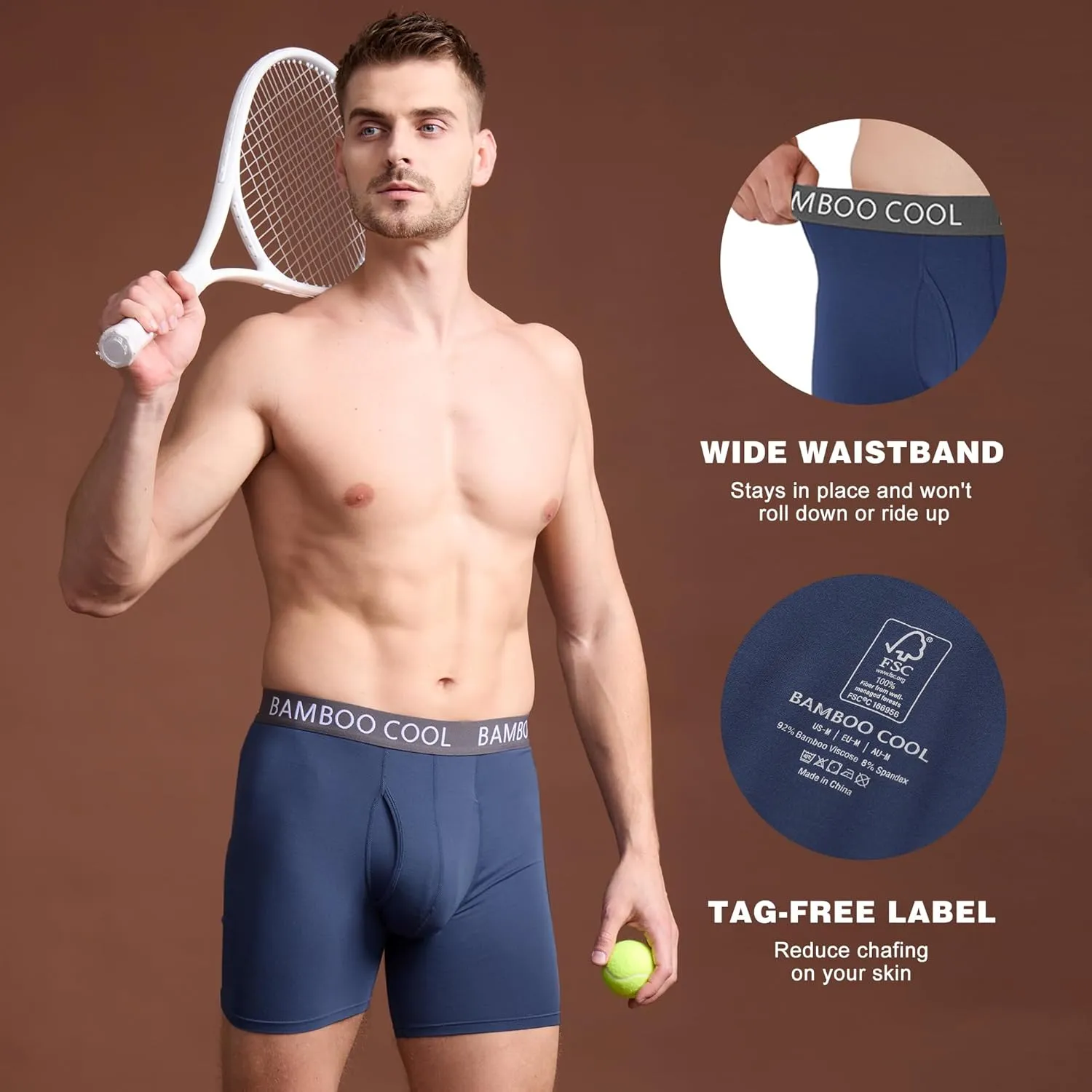 BAMBOO COOL Men's Ultra ComfortSoft Underwear, Moisture Wicking & Breathable No Ride Up Boxer Briefs with Fly, Multipack